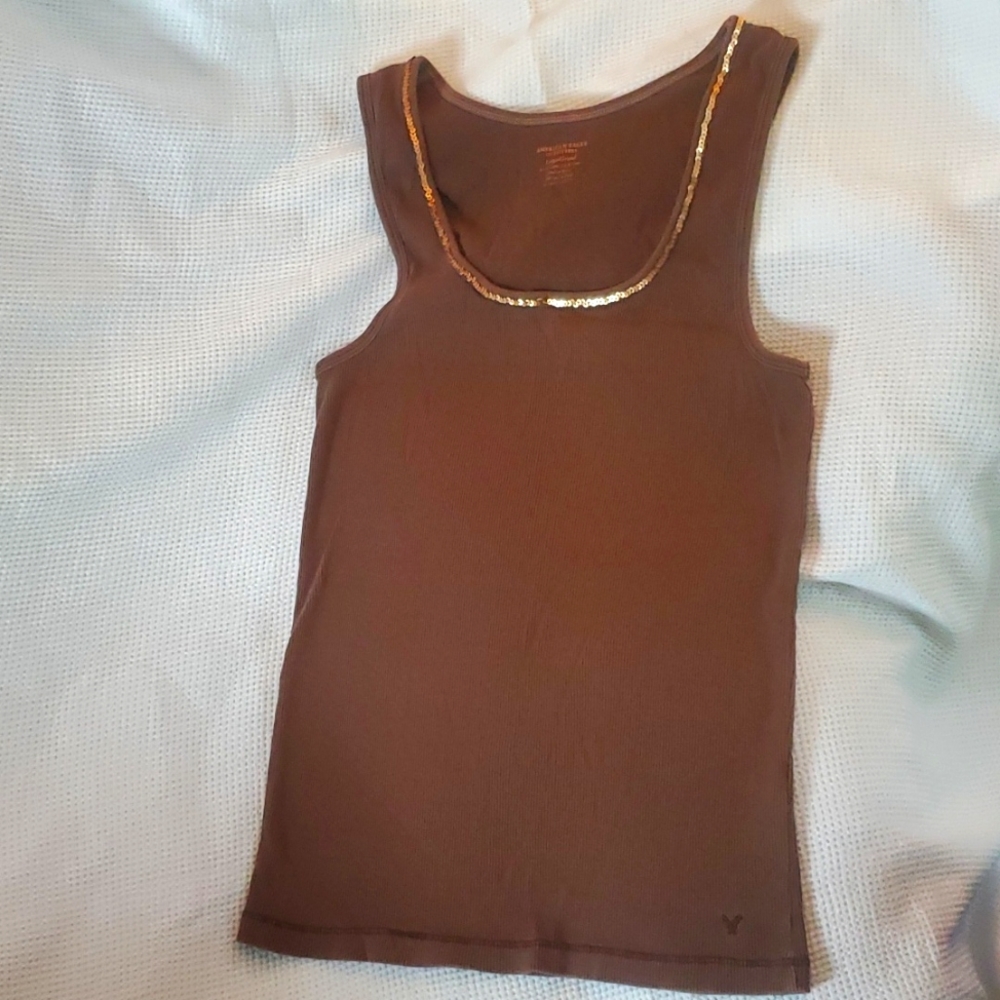 Womens American Eagle ribbed brown tank top with sequins trim size large